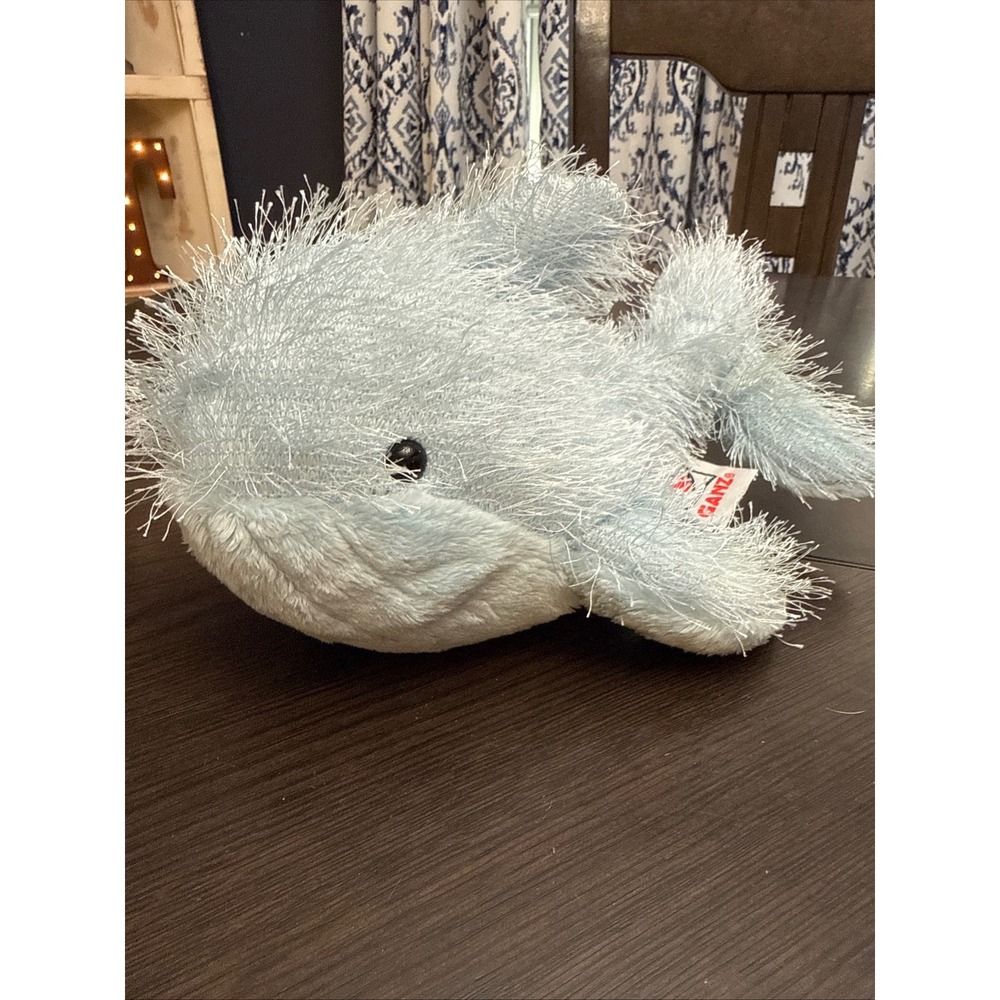 Ganz Webkinz Blue Whale‎ HM356 Light Blue Fuzzy Tinsel Plush Stuffed Animal Toy
